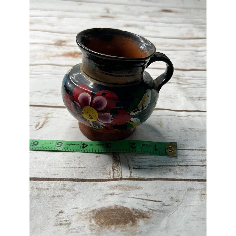 Handmade Mexican Pottery Mug Black Floral Hand Painted Red Ware Folk Art 4.5in